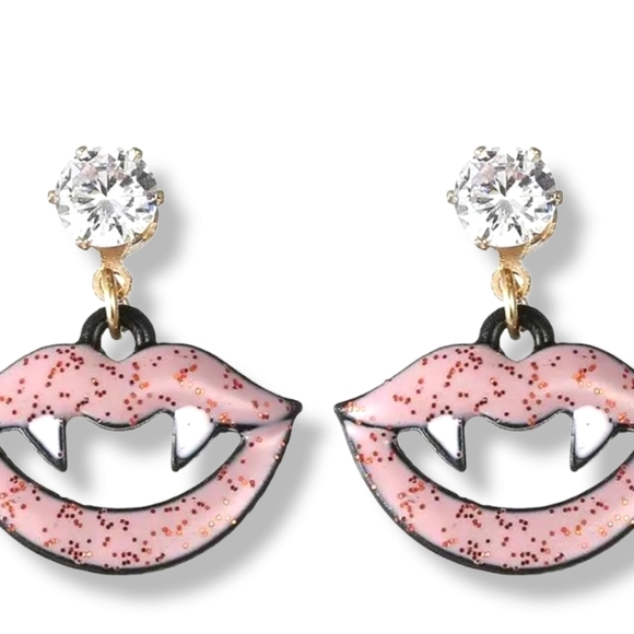 Bundle 2 pairs 1 red 1 pink sparkly crystal vampire teeth lips earrings - Picture 8 of 12